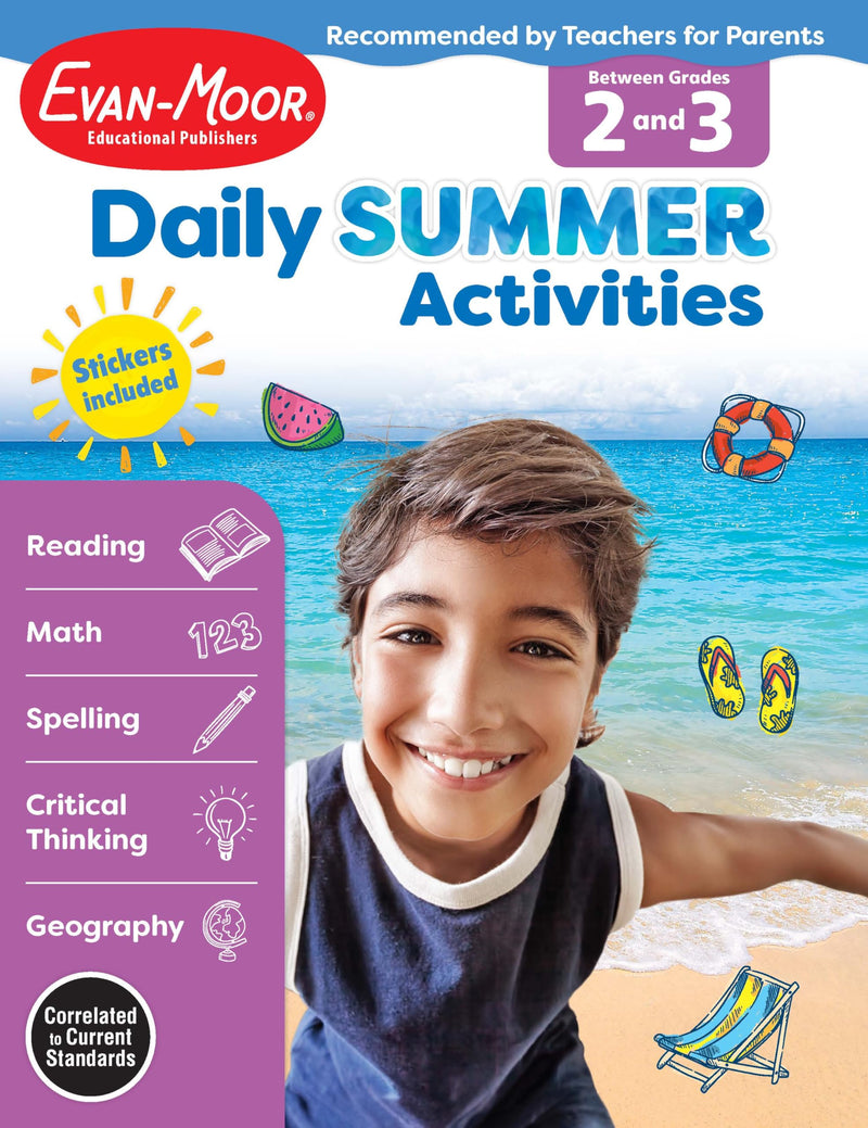 Evan-Moor Daily Summer Activities, Grade 2-3 Workbook, Stickers, Prevent Learning Loss, Reading Comprehension, Writing, Contractions, Math, Word Problems, Subtraction, Multiplication, Geography, Maps